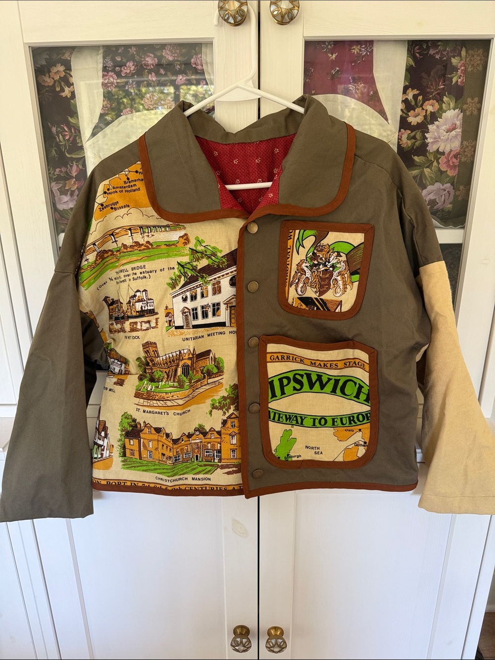 Vintage Tea Towel Patchwork Jacket with Ipswich Graphic - Multi